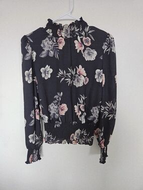 Streetwear Society Dark Floral High Neck Blouse Smocked Waist and Cuffs Med🔥